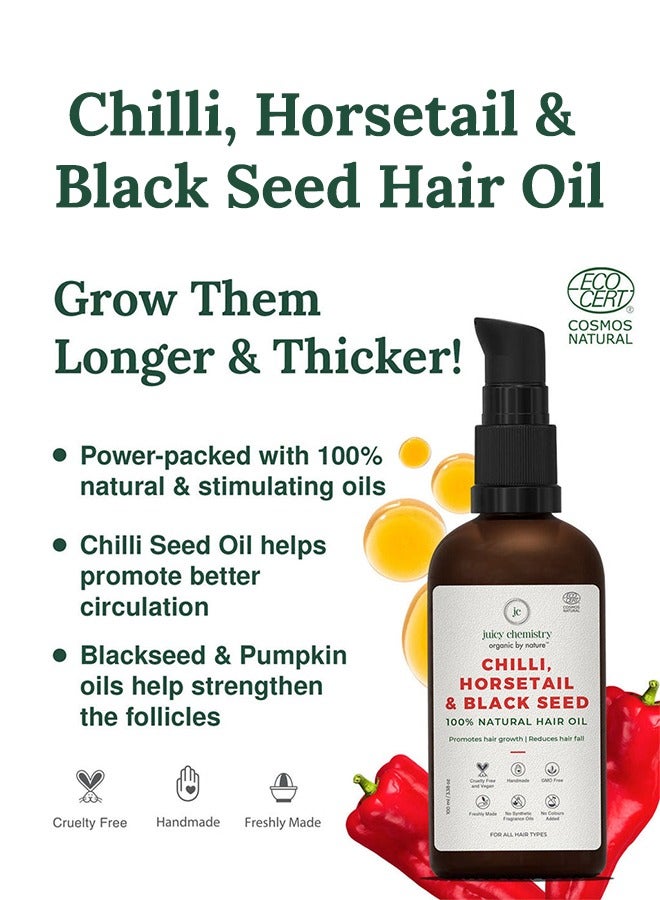 Juicy Chemistry Chilli, Horsetail and Blackseed Hair Oil - 30 ml, Enriched With Chilli, Horsetail, And Blackseed, Natural Hair Serum For Hair Fall Control And Hair Growth