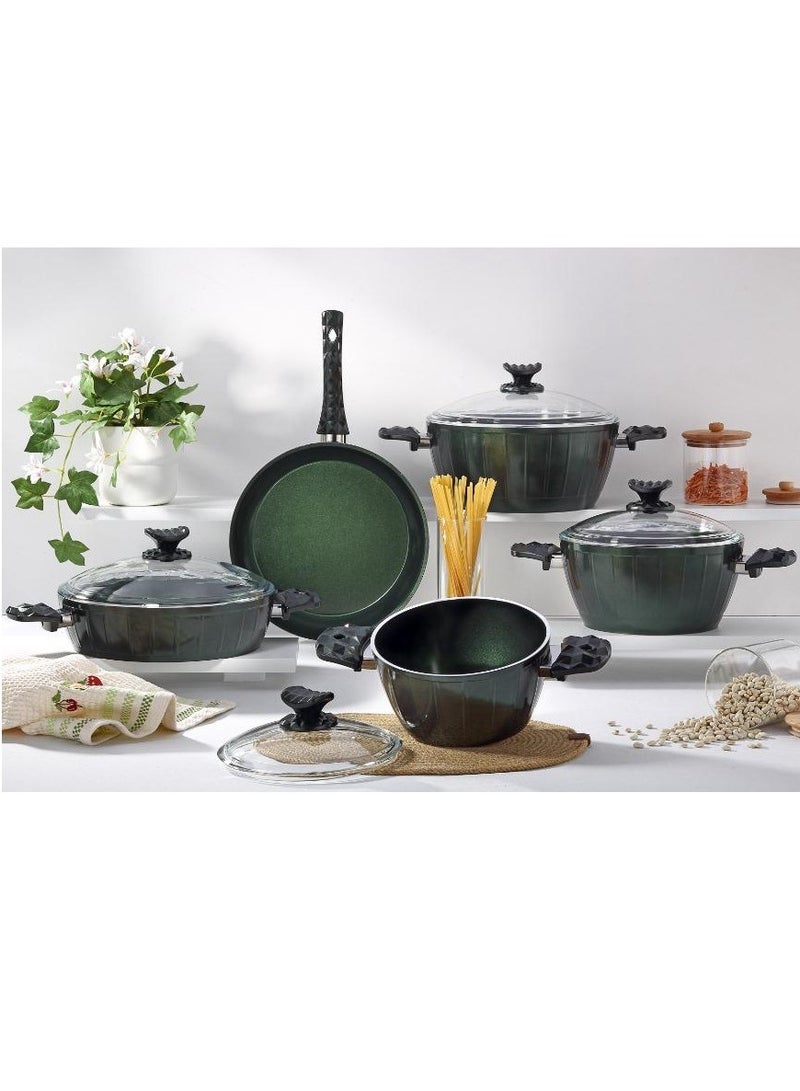 9-Piece Farah Cookware Set - Tempered Glass Lids - 3 Deep Pots - 1 Low Pot - 1 Frypan - Non-Stick Ceramic Surface - PFOA Free - Green