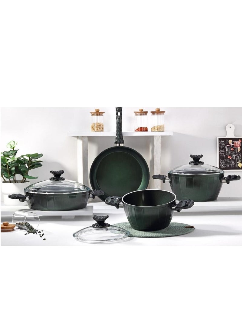 7-Piece Farah Cookware Set - Tempered Glass Lids - 2 Deep Pots - 1 Low Pot - 1 Frypan - Non-Stick Ceramic Surface - PFOA Free - Green