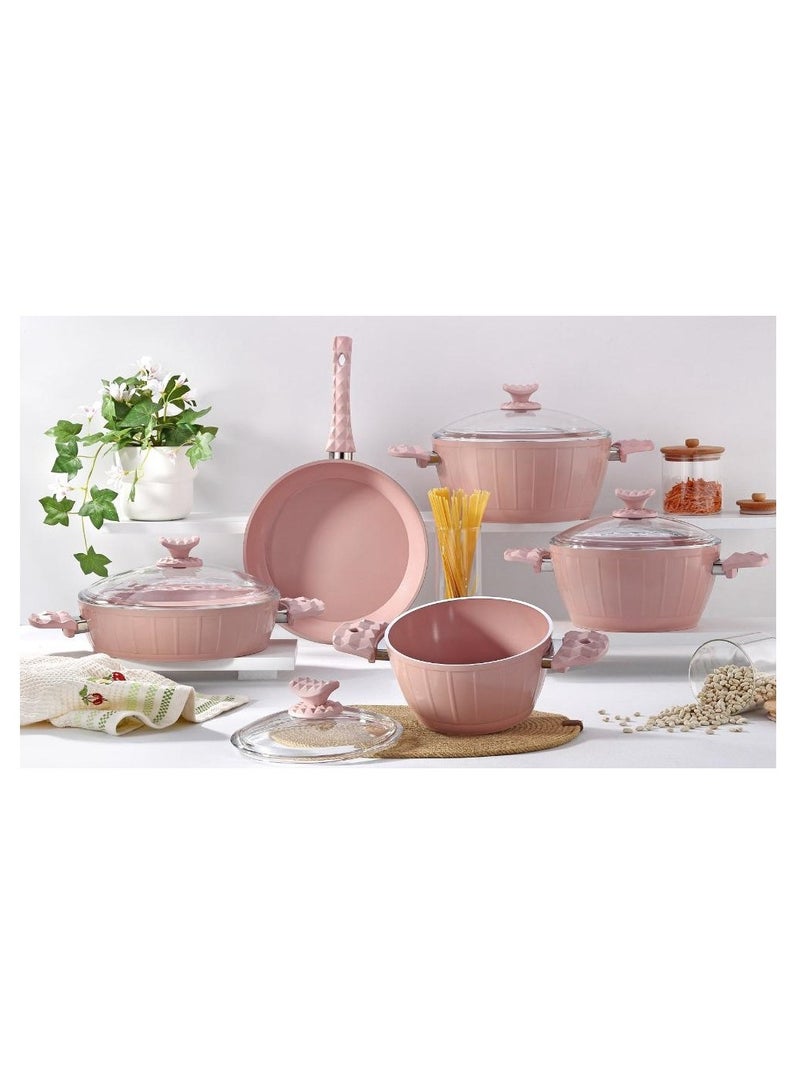 9-Piece Farah Cookware Set - Tempered Glass Lids - 3 Deep Pots - 1 Low Pot - 1 Frypan - Non-Stick Ceramic Surface - PFOA Free - Pink