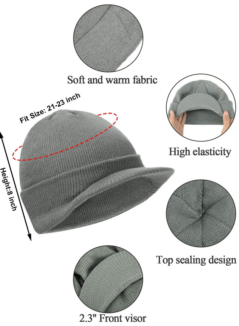 SYOSI 2Pcs Winter Men's Knit Cap with Brim Beanie Hat Warm Thick Hat, Fleece Winter cap with Visor - Men Women - Earflap Brim Skull Watch Cap Hat for Outdoor (Black & Grey, Fit Size: 8 x 21-23in)