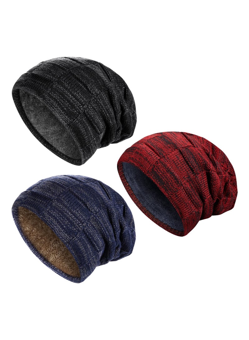 SYOSI 3Pcs Men Winter Beanie Hat Warm Slouchy Hats Men Knitted Beanie Hats Fleece Lined Skull Cap for Men (Black, Wine Red, Navy Blue)