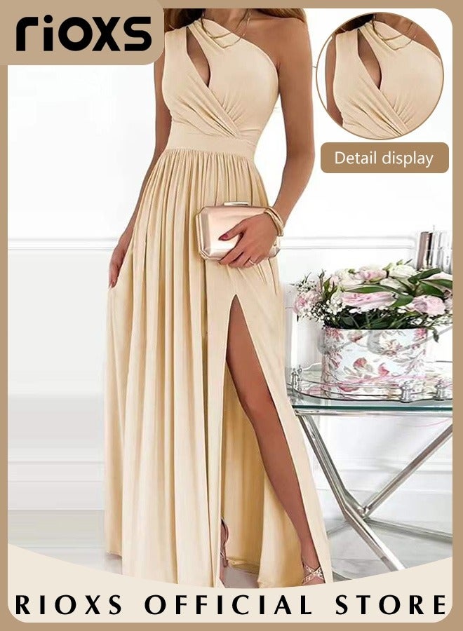 Women's Elegant Evening Dress One Side Shoulder Sleeveless Split High Waist Bodycon Long Dress for Evening Formal Business Party