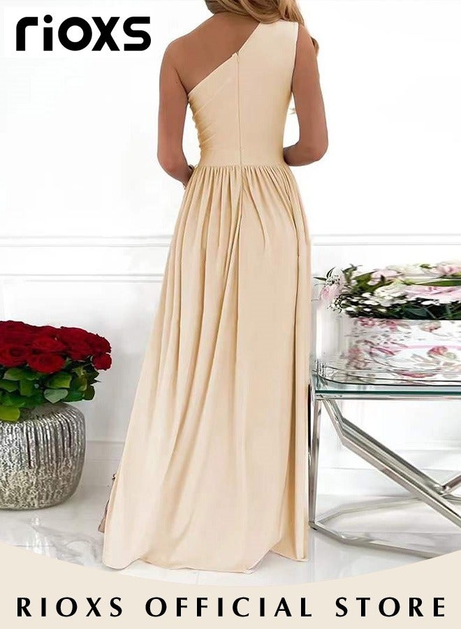 Women's Elegant Evening Dress One Side Shoulder Sleeveless Split High Waist Bodycon Long Dress for Evening Formal Business Party