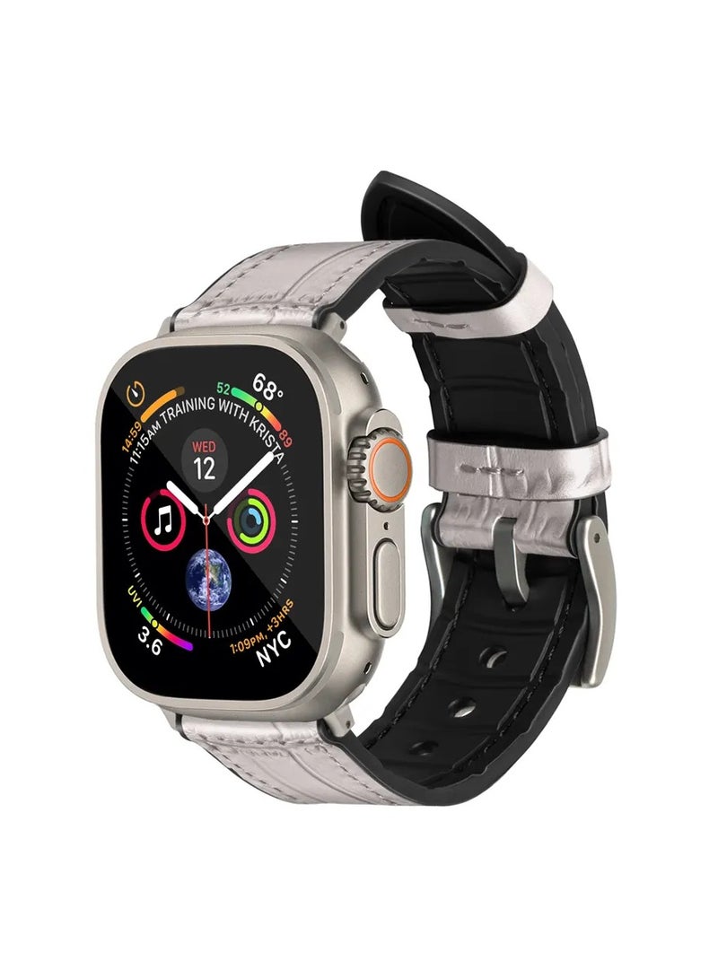 A-Case its My Case Javan Series Genuine Leather Band Compatible with Apple watch Series Ultra 1/2 ,7,6,5,4,3, SE Sizes 42/44/45/49MM Titanium - White