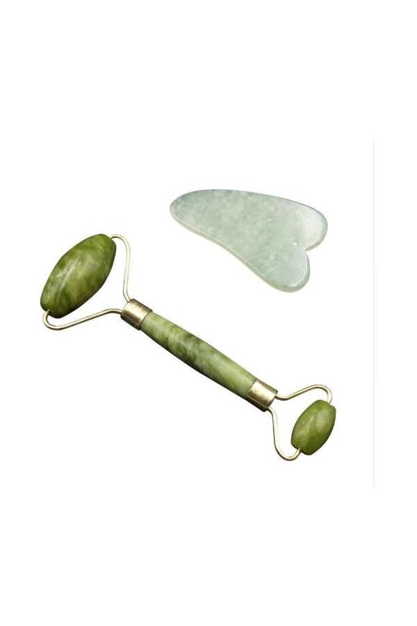Jade Roller Massage Tool With Scraper For Face Green