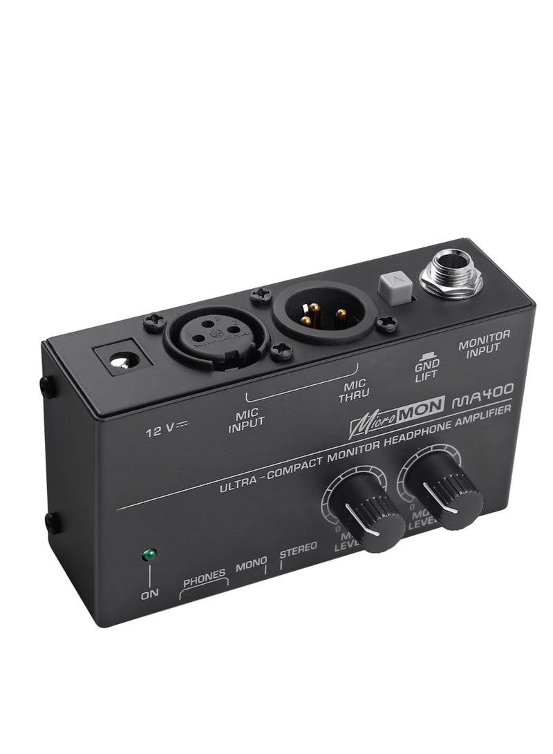 MA400 Headphone Amplifier for XLR Microphone and Audio Signal with Volume Controls Support, 6.35mm 3.5mm Headphone Outputs with 12V Power Supply Ultra-Compact, for Studio and Stage