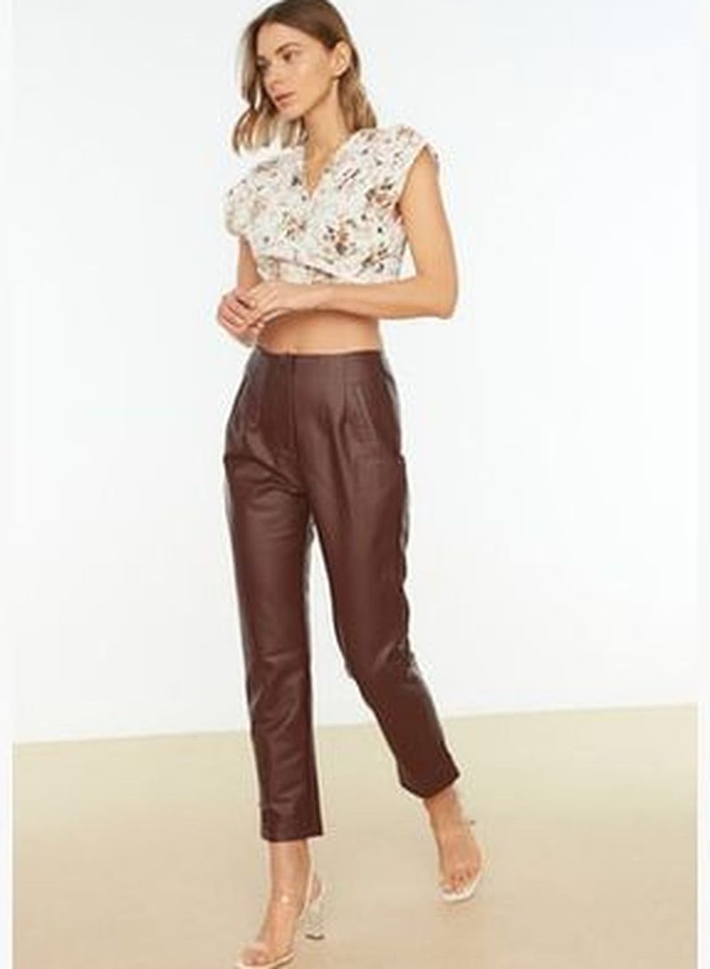 Claret Red Carrot Weave Faux Leather Trousers