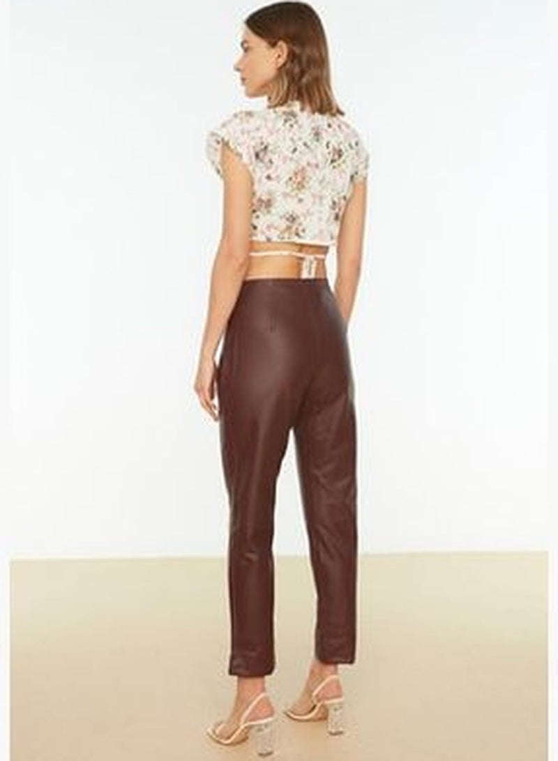 Claret Red Carrot Weave Faux Leather Trousers