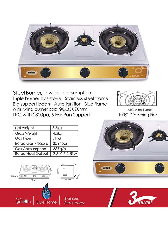 Stainless Steel Gas Stove 3 Burner SF5357GC B Silver