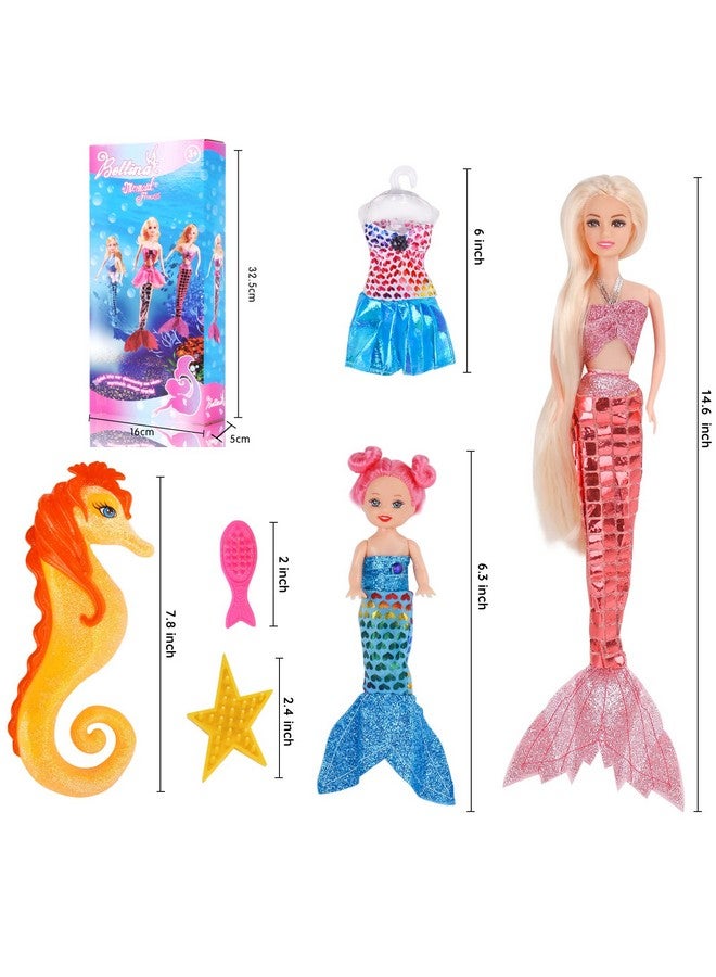 Mermaid Princess Doll With Little Mermaid & Seahorse Play Gift Set Mermaid Toys With Accessories And Doll Clothes For Little Girls (Pink)