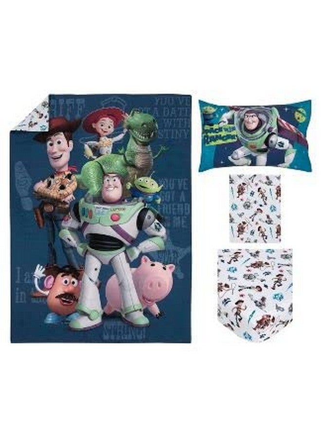 Toy Story You'Ve Got A Friend In Me Blue Green And White 4 Piece Toddler Bed Set Comforter Fitted Bottom Sheet Flat Top Sheet And Reversible Pillowcase