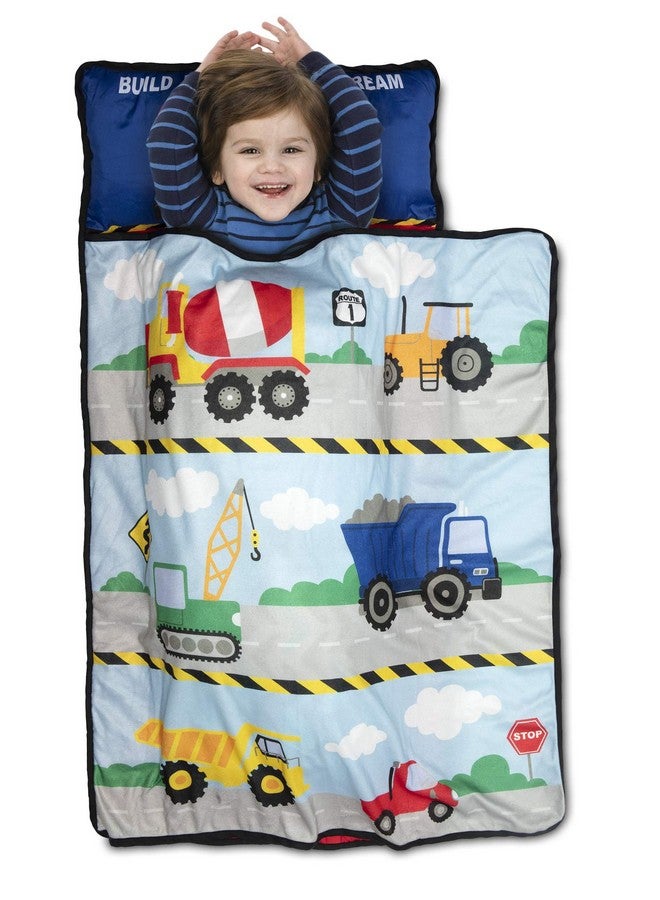 Funhouse Construction Area Trucks Kids Napmat Set Includes Pillow And Fleece Blanket Great For Boys Napping During Daycare Or Preschool Fits Toddlers Blue