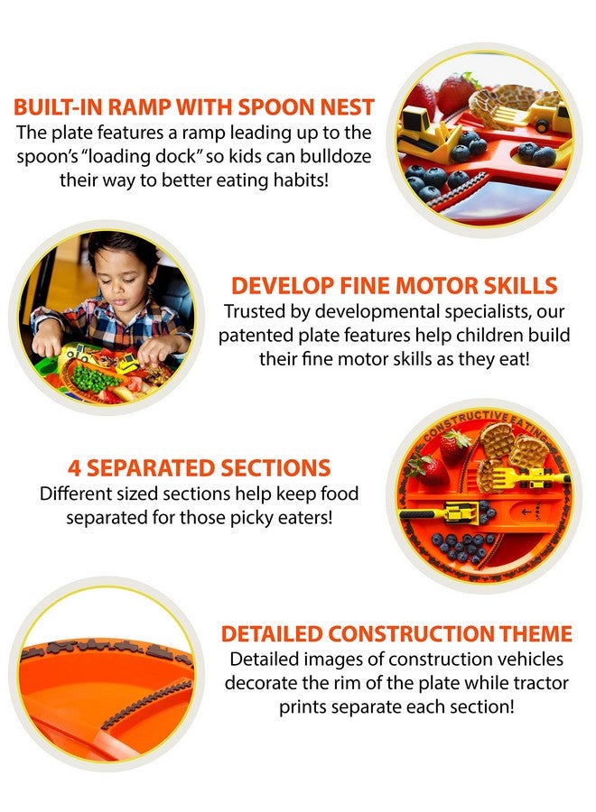 Plate And Utensils Set Construction Made In Usa Toddler Dinnerware Kids Dinnerware And Utensils Set For Ages 13 Toddler Utensils 2 And 3 Year Old Divided Toddler Plates
