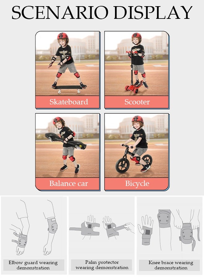 7-Piece Kids Safety Sports Gear Set Include A Pair of Knee Pads Elbow Guard Palm Protector and A Helmet for Outdoor Sports Skateboard Roller Skating