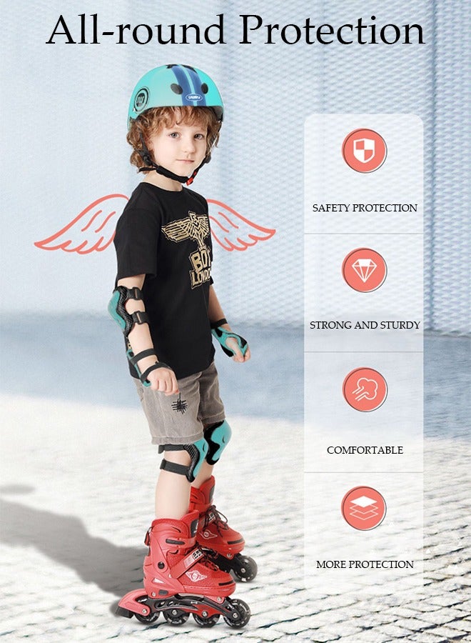 7-Piece Kids Safety Sports Gear Set Include A Pair of Knee Pads Elbow Guard Palm Protector and A Helmet for Outdoor Sports Skateboard Roller Skating