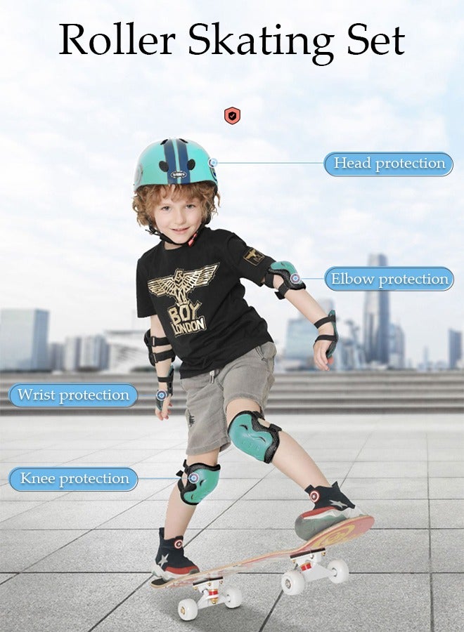 7-Piece Kids Safety Sports Gear Set Include A Pair of Knee Pads Elbow Guard Palm Protector and A Helmet for Outdoor Sports Skateboard Roller Skating