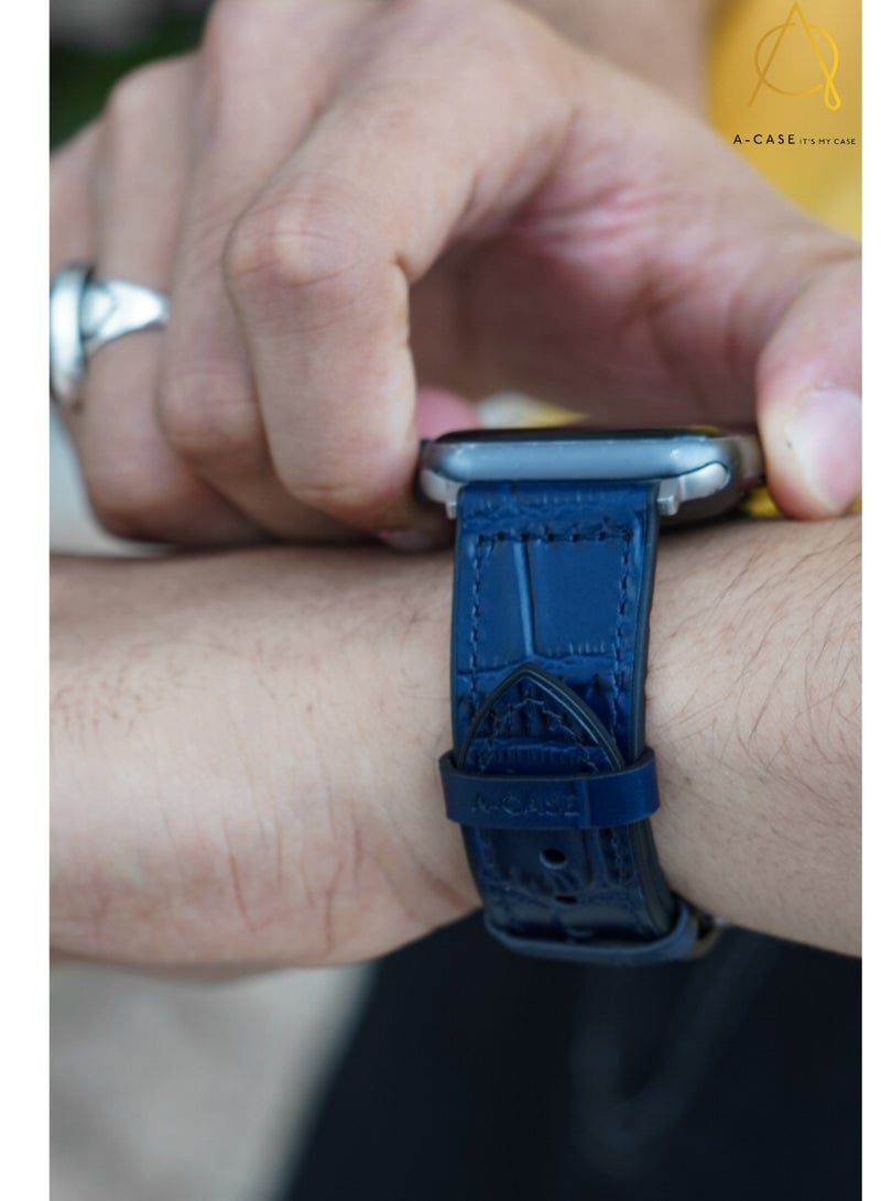 A-Case its My Case Javan Series Genuine Leather Band Compatible with Apple watch Series Ultra 1/2 ,7,6,5,4,3, SE Sizes 42/44/45/49MM B - Blue