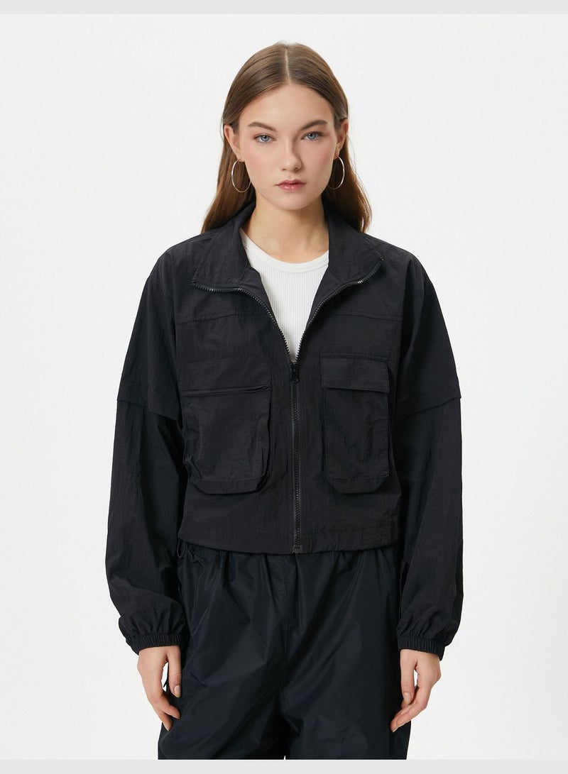 Parachute Jacket Zipper Closure Stand-Up Neck Flap Pocket Detail