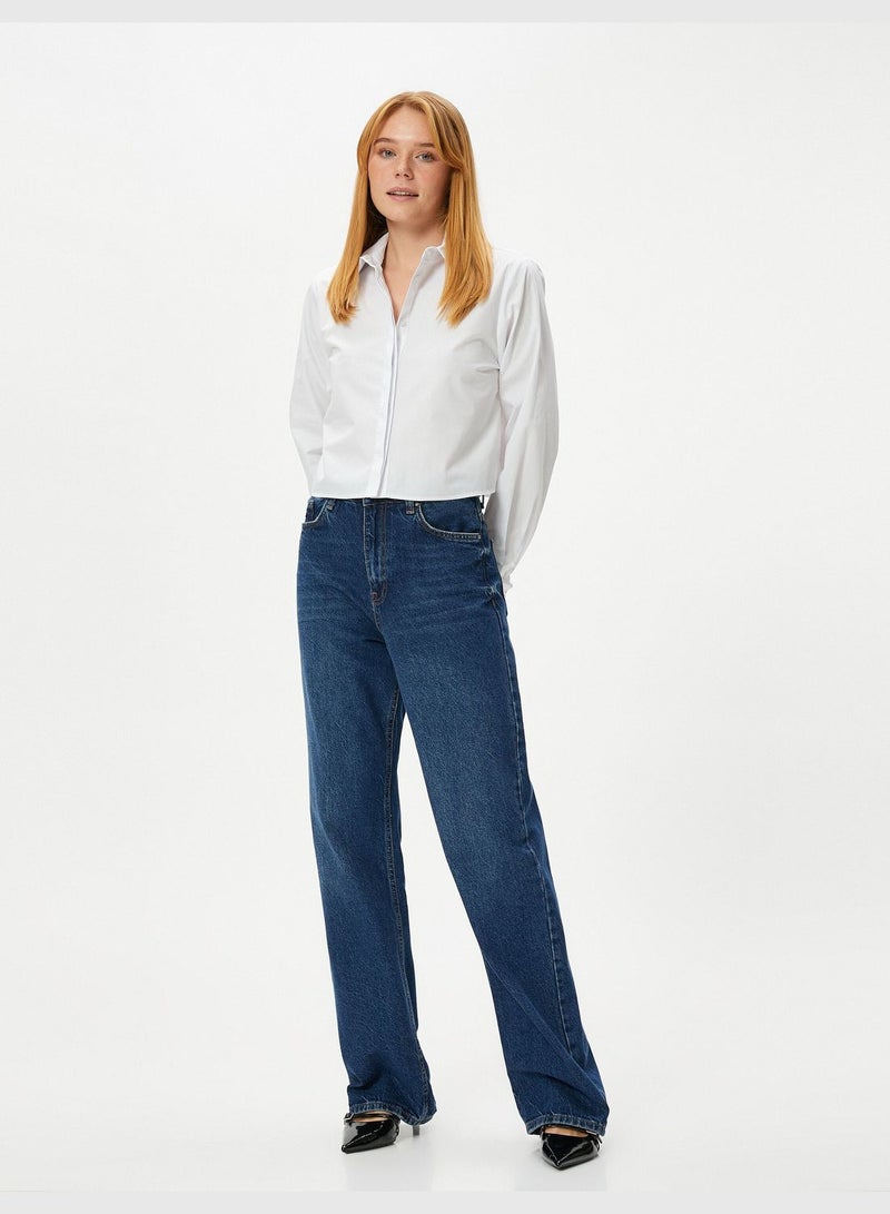 Cotton Buttoned Classic Neck Long Sleeve Crop Shirt