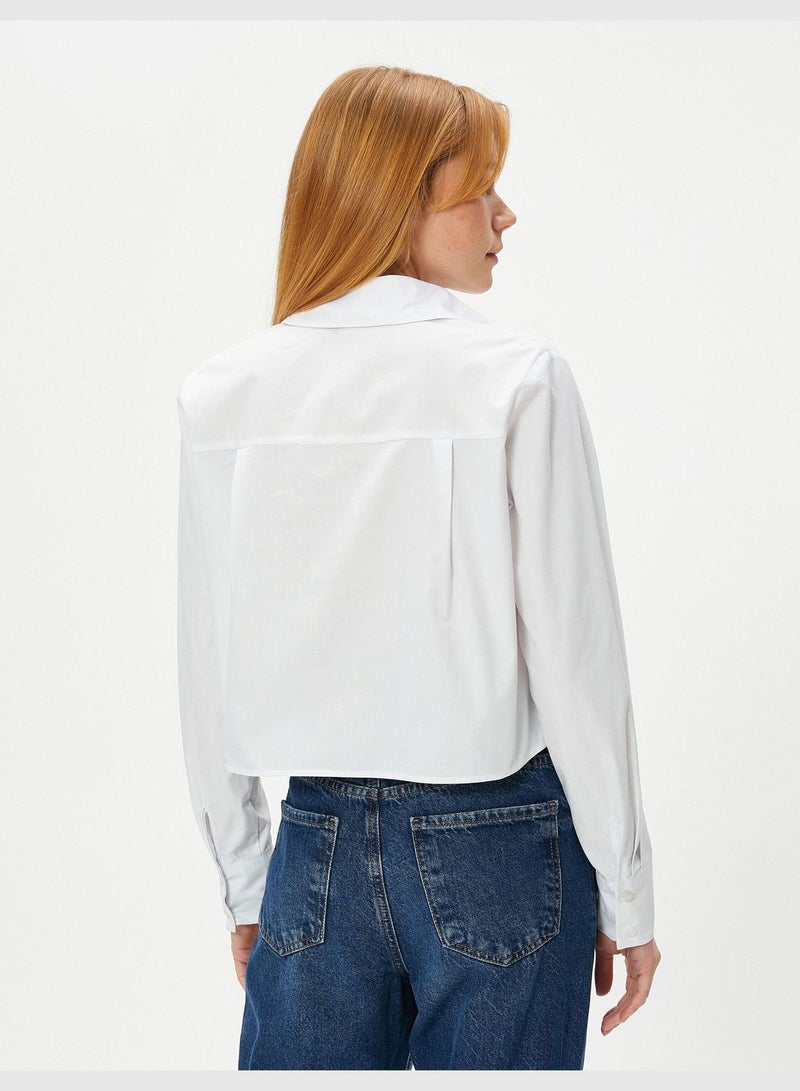 Cotton Buttoned Classic Neck Long Sleeve Crop Shirt