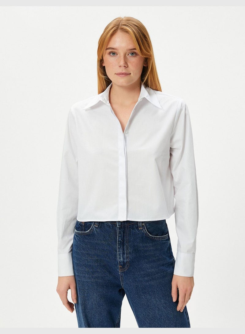 Cotton Buttoned Classic Neck Long Sleeve Crop Shirt