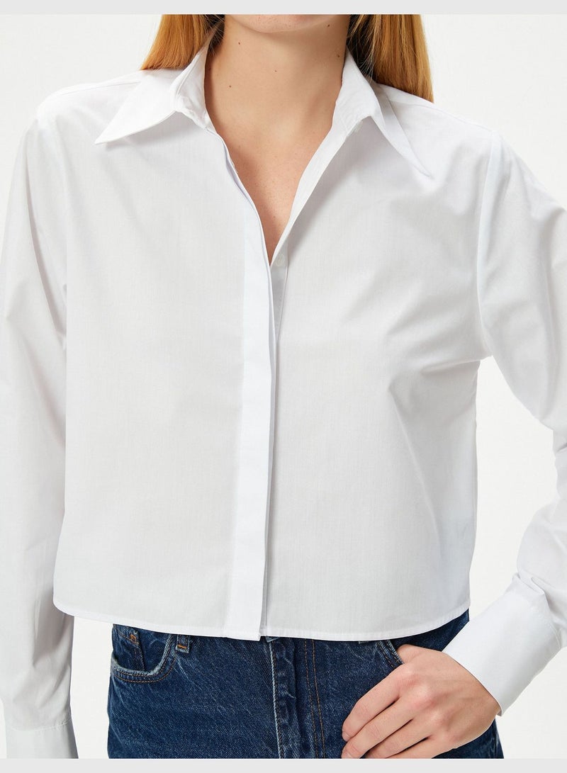 Cotton Buttoned Classic Neck Long Sleeve Crop Shirt