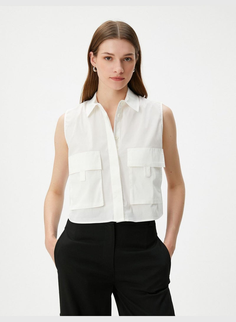 Buttoned Sleeveless Cargo pocket Detail Crop Shirt