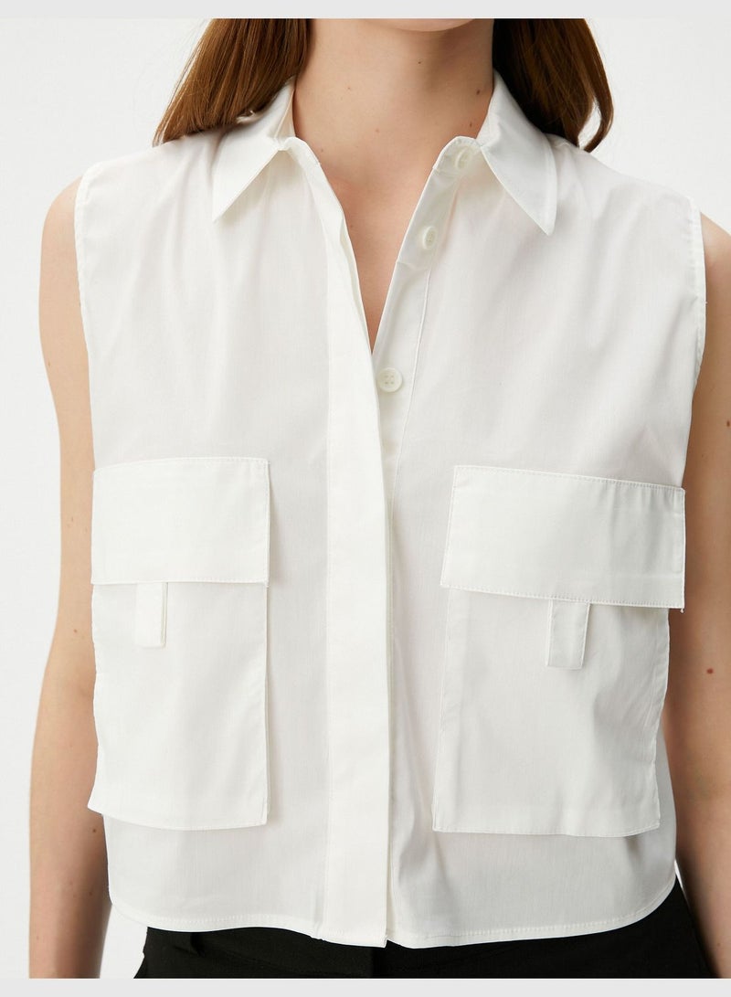 Buttoned Sleeveless Cargo pocket Detail Crop Shirt