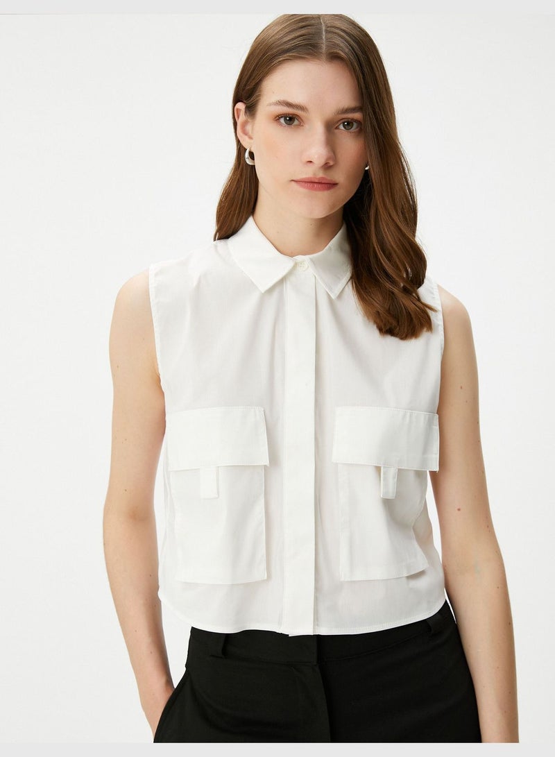 Buttoned Sleeveless Cargo pocket Detail Crop Shirt