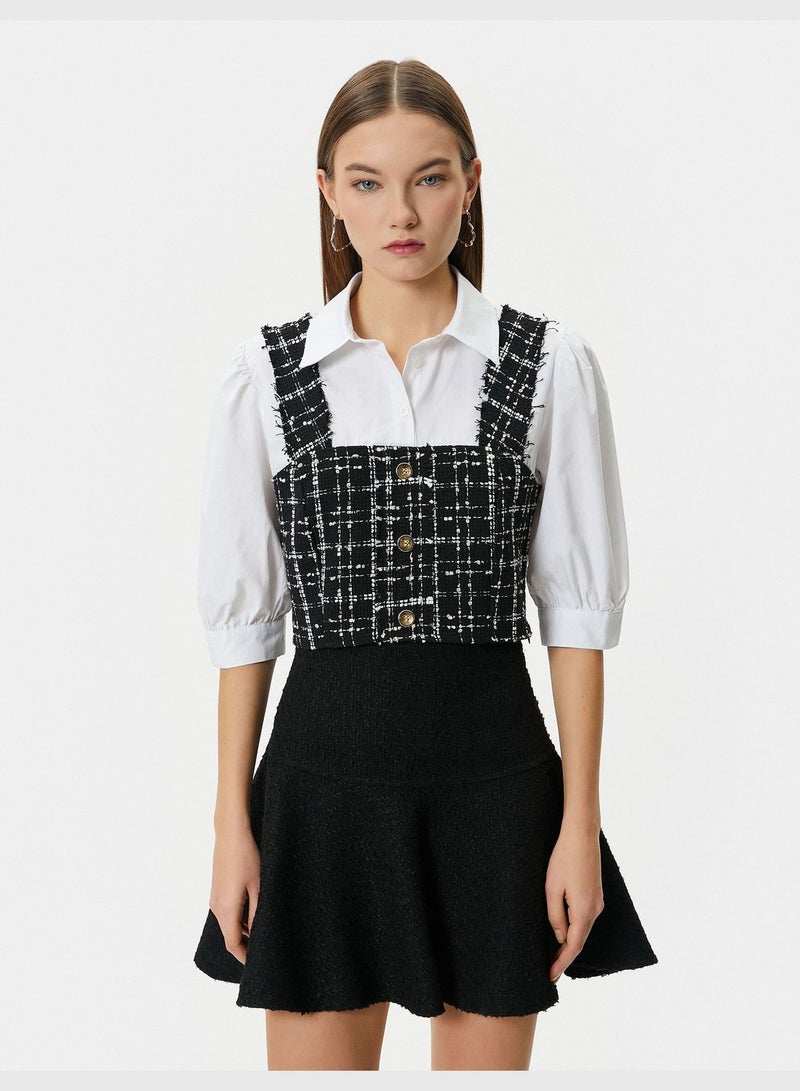 Crop Tweed Shirt Puff Sleeve Button Detail Double Fabric