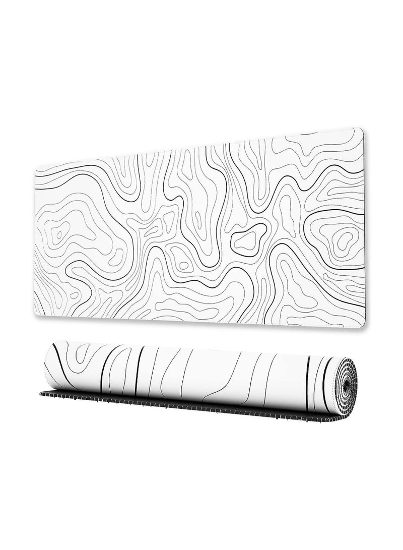 Large Gaming Mouse Pad with Stitched Edges, Minimalist Topographic Map Desk Mat, Extended XL Mousepad with Anti-Slip Base, Cool Desk Pad for Keyboard and Mouse, 31.5 x 11.8 in, White