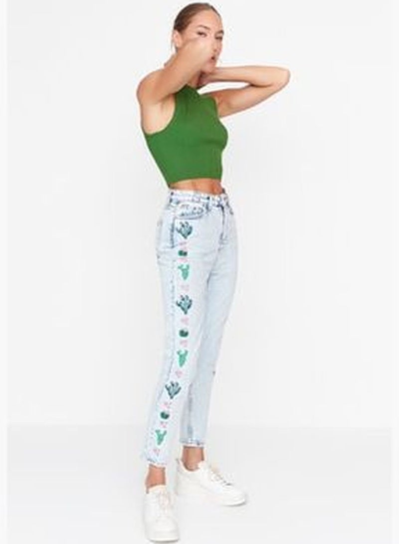 Blue Embroidery Detailed High Waist Mom Jeans