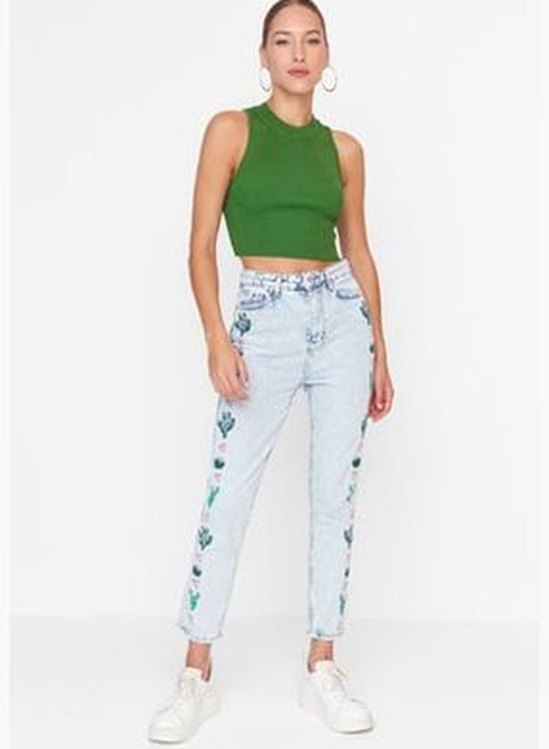 Blue Embroidery Detailed High Waist Mom Jeans