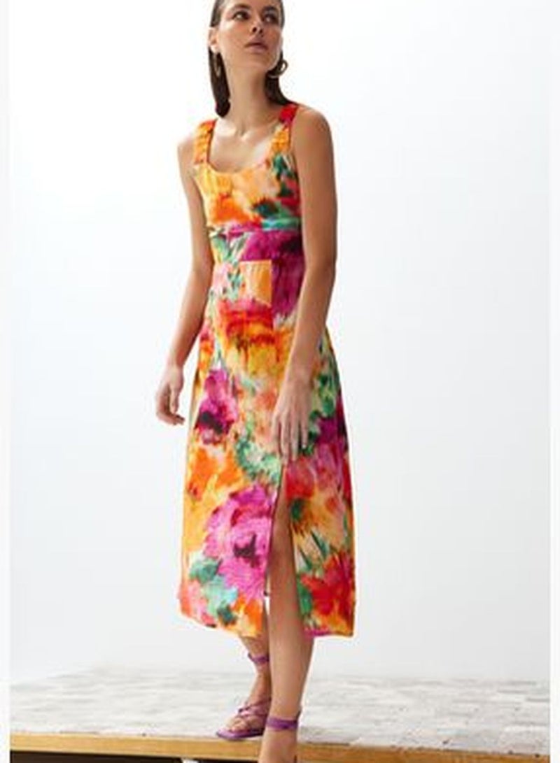 Multi Color Floral Print A Form Woven Midi Dress TWOSS24EL00497