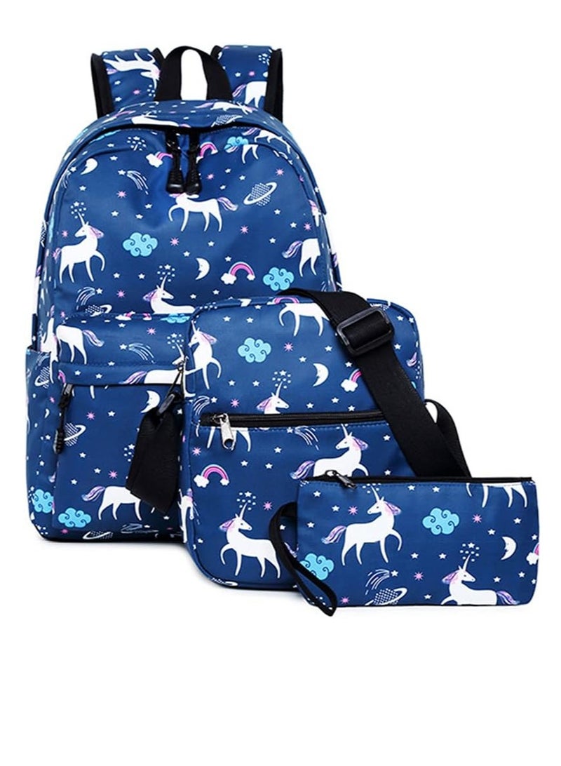 Dream Unicorn School Bag Kids 3-in-1 Bookbag Set, Laptop Backpack Lunch Bag Pencil Case Gift for Teen. (Blue)