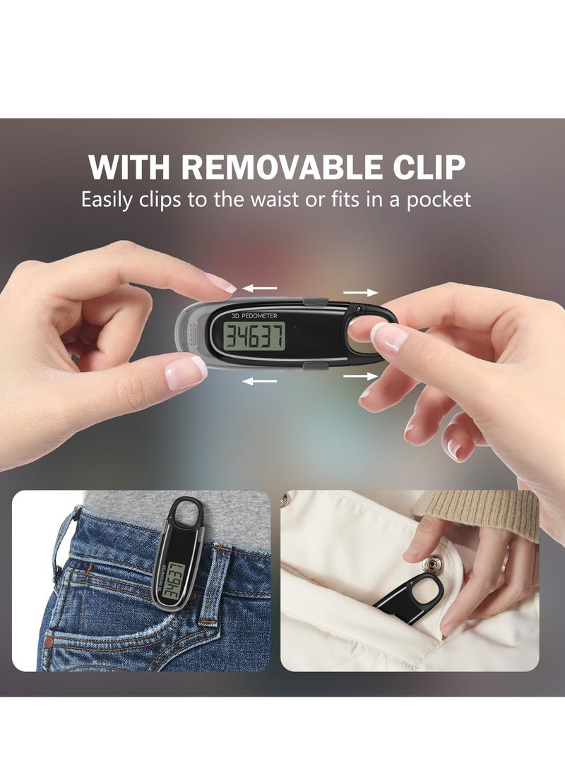 3D Pedometer for Walking with Removable Clip and Snap Hook Automatically Correct Small and Portable Simple Step Counter Accurate Walking Step Tracker with Big Digital Display for Men Women Black