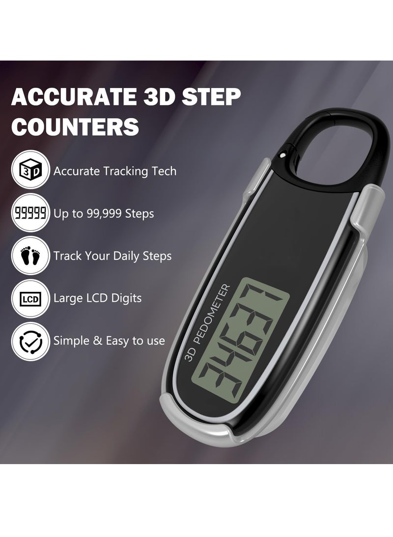 3D Pedometer for Walking with Removable Clip and Snap Hook Automatically Correct Small and Portable Simple Step Counter Accurate Walking Step Tracker with Big Digital Display for Men Women Black
