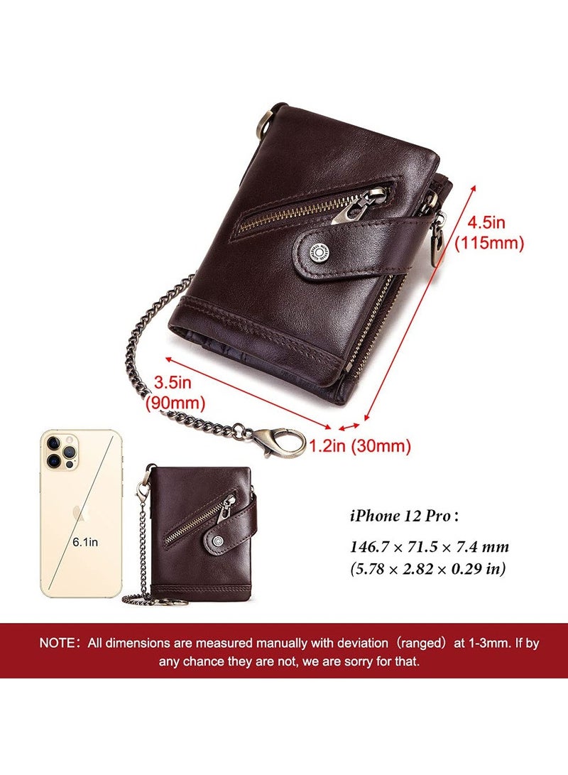 Mens Chain Wallets with Anti-Theft Chain Chain Genuine Leather RFID Blocking Bifold Wallets with Many Card Slots Zipper Coin Pocket and ID Window Antimagnetic Anti-theft Brush Brown