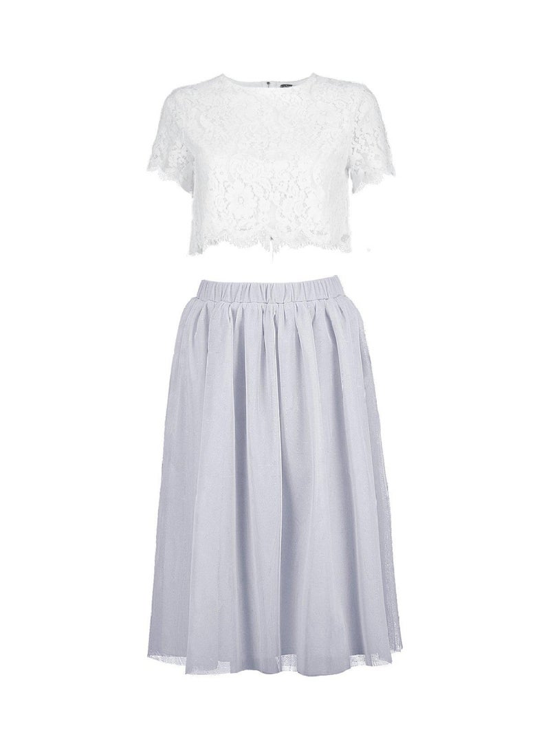 Woven Lace Top & Contrast Midi Skirt Co-Ord Set