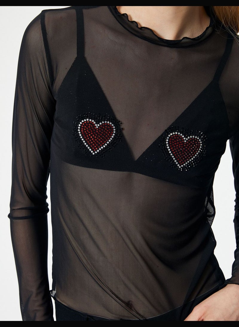 Heart Embroidered Sheer T-Shirt