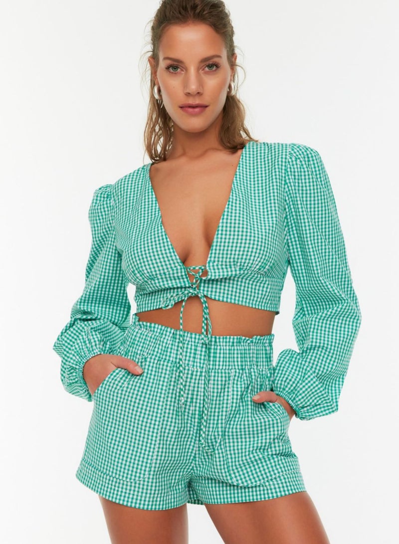 Checked Tie Detail Crop Top & Shorts Set