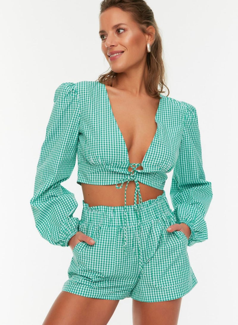 Checked Tie Detail Crop Top & Shorts Set