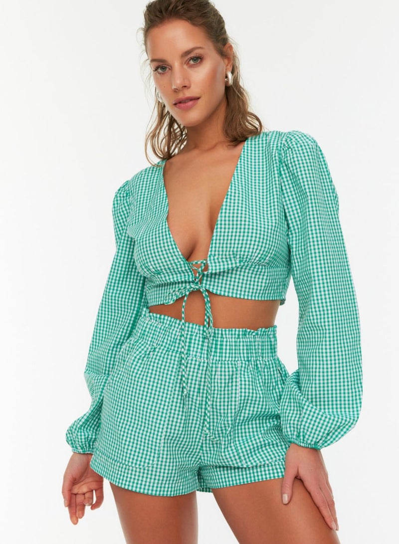 Checked Tie Detail Crop Top & Shorts Set