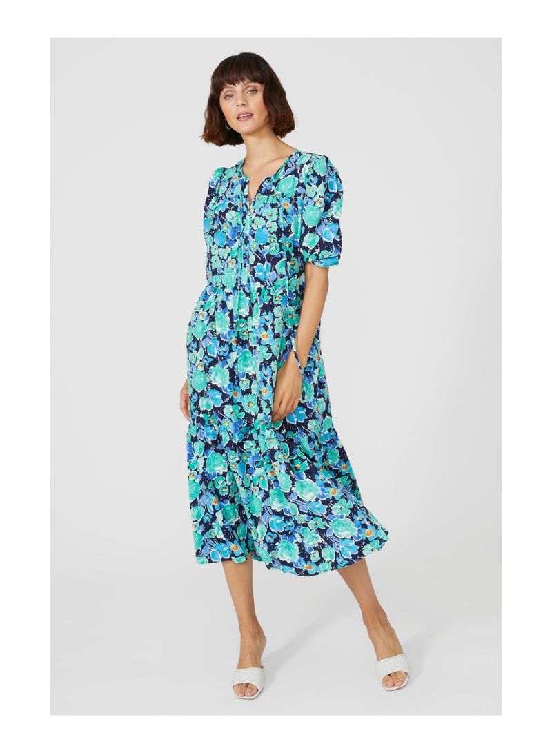 Blue Floral Printed Tiered Smock Dress