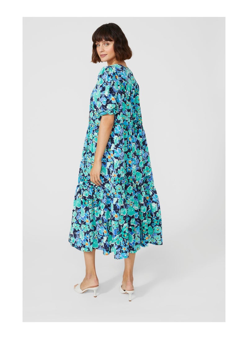 Blue Floral Printed Tiered Smock Dress