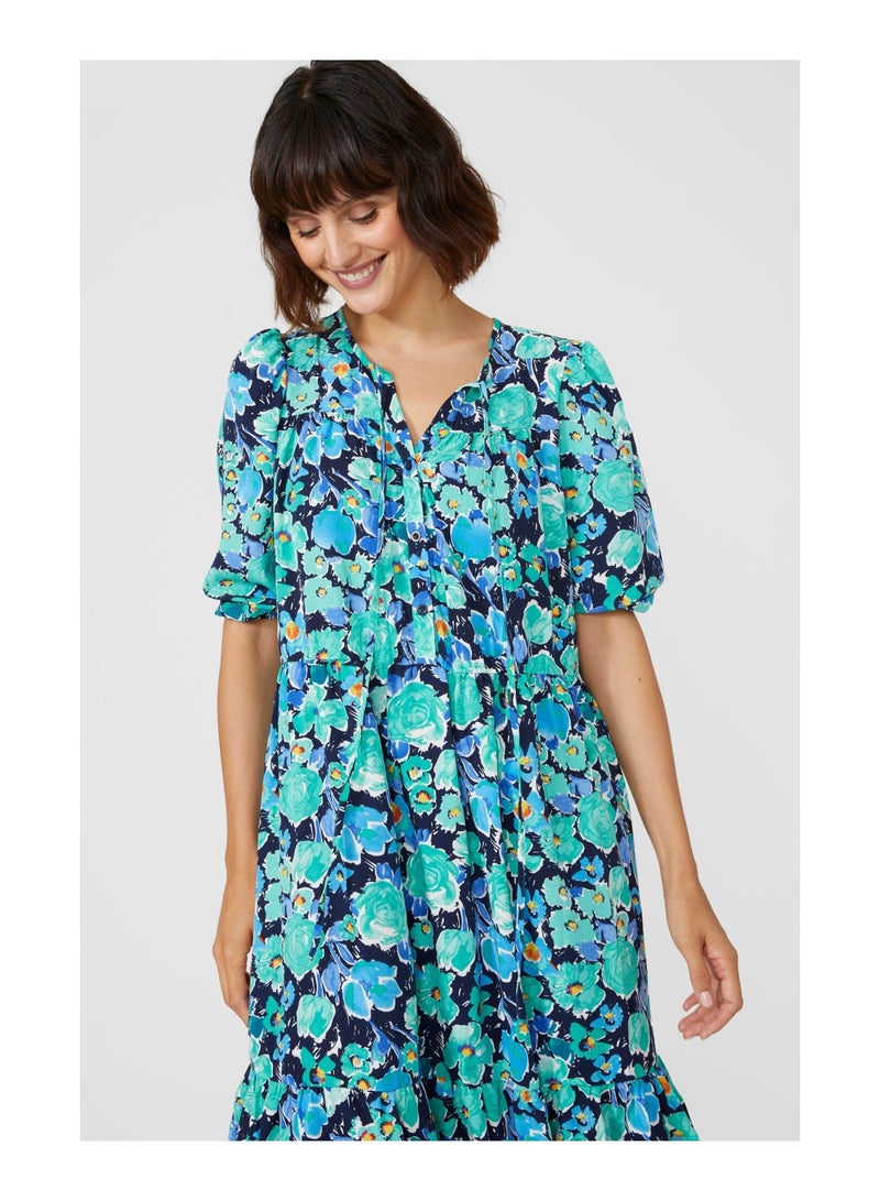 Blue Floral Printed Tiered Smock Dress