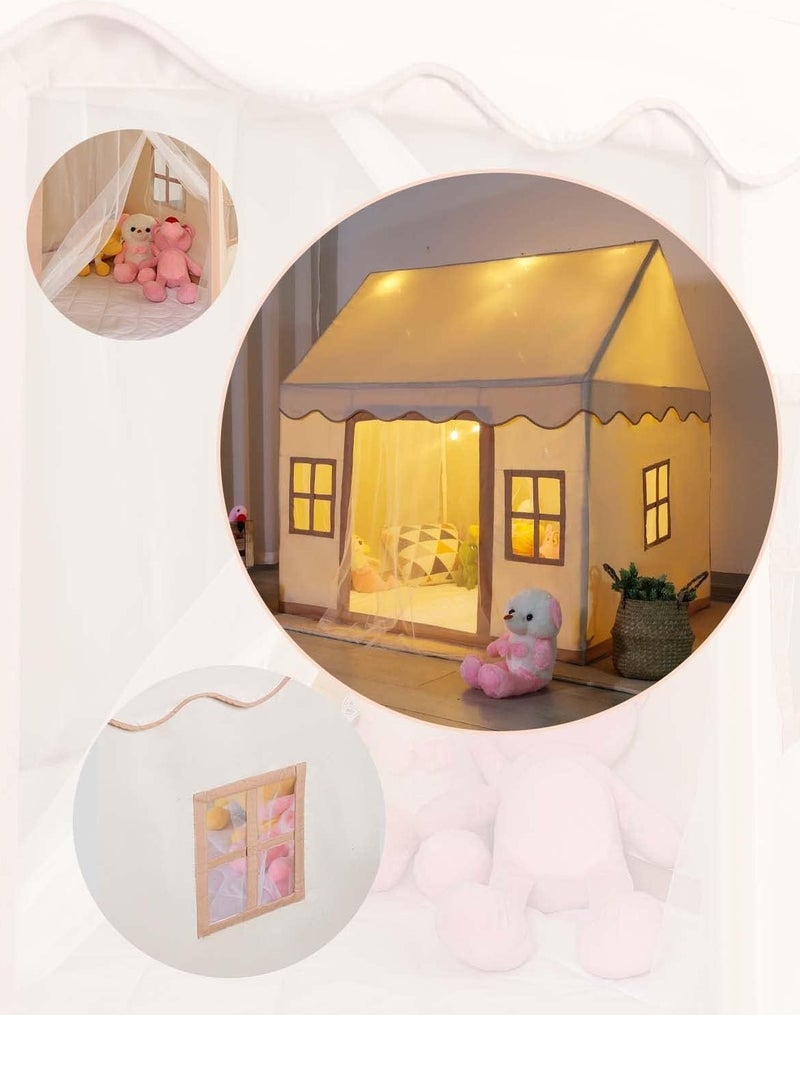 Kids Playhouse with Mat LED Star Lights Washable Foldable Play Tent with Windows Indoors Outdoors Reading Corner Activity Center For Girls Boys