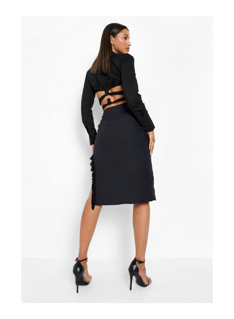 Tassel Side Asymmetric Linen Look Midi Skirt