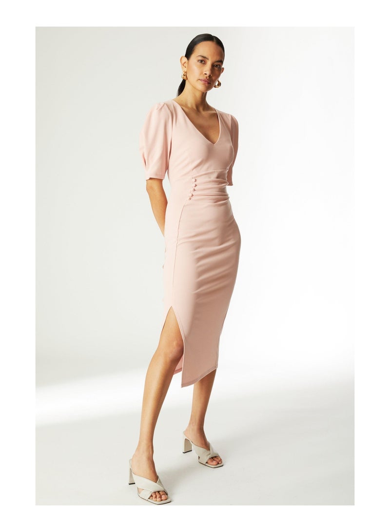 V-Neck Button Side Bodycon Dress